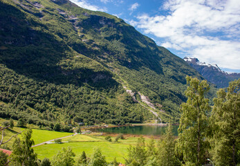 Geiranger panorama view from Storseterfossen (also Storsæterfossen) Møre og Romsdal at Geirangerfjorden in Norway (Norwegen, Norge or Noreg)