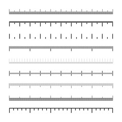 Various measurement scales with divisions. Realistic scale for measuring length or height in centimeters, millimeters or inches. Ruler, tape measure marks, size indicators. Vector illustration