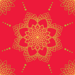 Seamless vector pattern with hand drawn mandala design with floral and dots. isolated on a red pink background. Perfect for printing on fabric or paper.