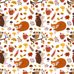 Autumn vector seamless pattern with cute forest animals, mushrooms and falling leaves