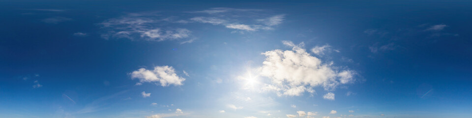 Blue sky panorama with puffy Cumulus clouds. Seamless hdr pano in spherical equirectangular format....