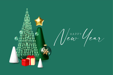 Happy New Year banner with minimal Christmas trees and gifts. 3D design.