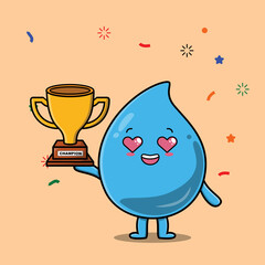 Cute Cartoon character illustration of water drop is holding up the golden trophy with happy gesture