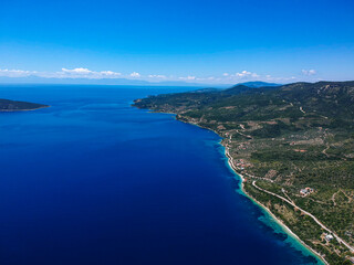 Aerial top down view of the iconic beach Agios Dimitrios in Alonissos island, Greece
