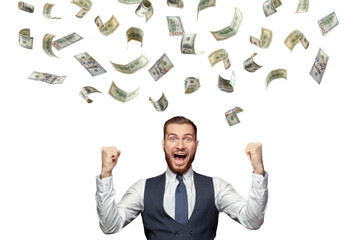 Happy excited man having fun in american dollar money rain isolated on white background