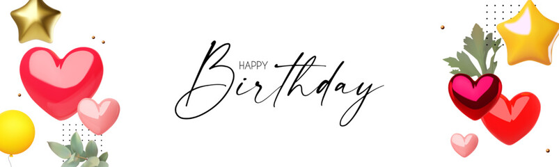 Cute celebrationn design template with glossy heart, tulip flowers, cake and stars. Birthday, Weddign, Valentine's background.