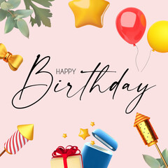 Birthday celebration design template with 3D balloons, stars, hearts, open gift box, bow, and rocket fireworks