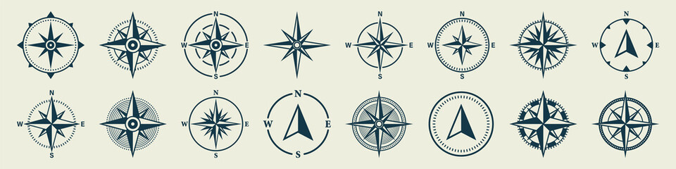 Vintage marine wind rose, nautical chart. Monochrome navigational compass with cardinal directions of North, East, South, West. Geographical position, cartography and navigation. Vector illustration. © 32 pixels