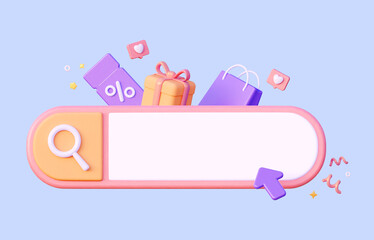 Navigation search for browser with a gift, coupon and a package. Search for products in an online online store. With the cursor arrow. Internet rendering illustration isolated on a blue background.