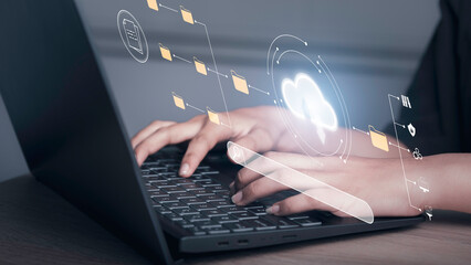 Document Management System(DMS) concept. Digital Cloud comput technology server storage file information business for database security and process automation to efficiently manage files fome laptop.