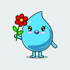 Cute cartoon water drop character holding red flower in concept flat cartoon style