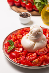 Burrata cheese salad with tomatoes, olive oil and seasoning. Fresh food concept. 