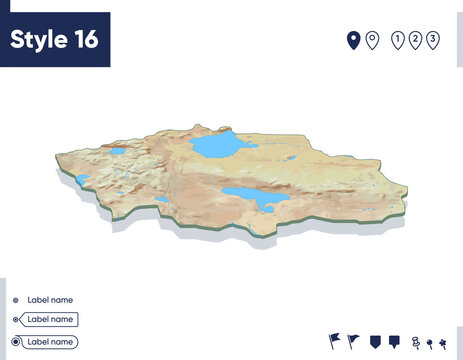 Uvs Province, Mongolia - map with shaded relief, land cover, rivers, mountains. Biome map with shadow.