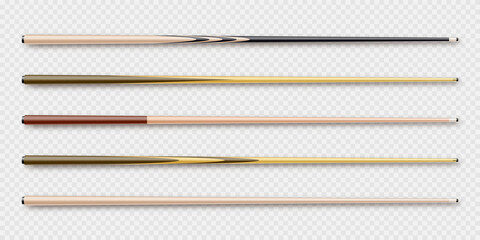 Various wooden billiard cues. Snooker sports equipment. Vintage pool cue. Active recreation and entertainment. Vector illustration