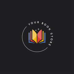 Book logo or open book store on black background - 518960767