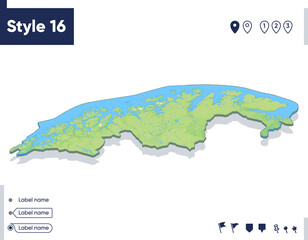 Obraz premium Troms Og Finnmark, Norway - map with shaded relief, land cover, rivers, mountains. Biome map with shadow.