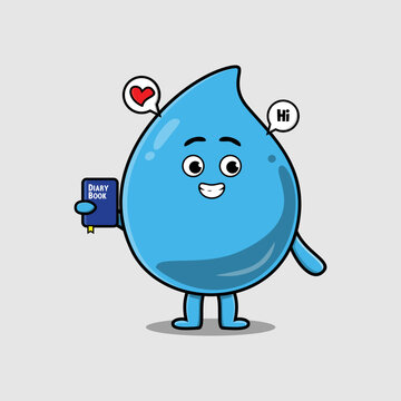 Cute cartoon water drop character holding diary book with happy expression in concept flat cartoon style