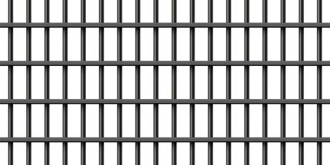 Black realistic metal prison bars isolated on white background. Detailed jail cage, prison iron fence. Criminal background mockup. Creative vector illustration.