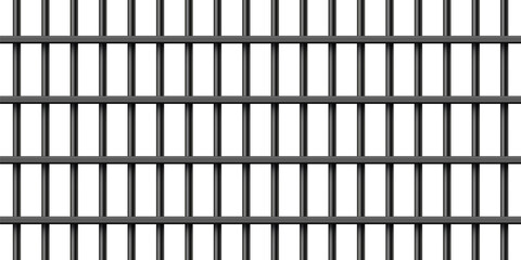 Black realistic metal prison bars isolated on white background. Detailed jail cage, prison iron fence. Criminal background mockup. Creative vector illustration.