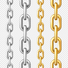 Realistic seamless golden and silver chains on checkered background. Metal chain with shiny gold plated links. Vector illustration.