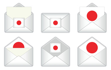 Japan flag in the envelope. Japanese stamp flag. Opened, closed Japanese letter, isolated on white background.