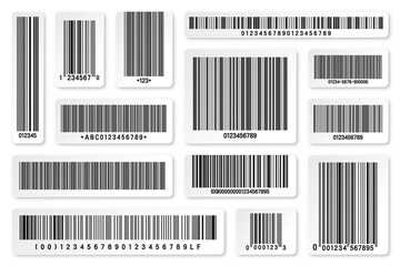 Set of product barcodes. Identification tracking code. Serial number, product ID with digital information. Store or supermarket scan labels, price tag. Vector illustration.