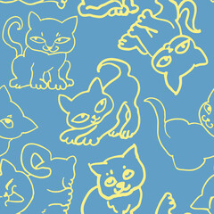 Cute cats pattern for wallpaper, wrapping paper, textile fabric print, pet shop, baby shower, kids room, children theme background. Decorative colourful hand drawn illustration.  Line vector drawing.