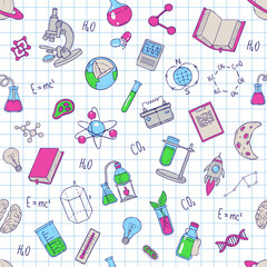 Vector sience semless pattern with school and academy supples. Repeat ornament with textured background. Doodle design by blue ball pen on notepad. Back to school pattern. Medicine and lab elements.