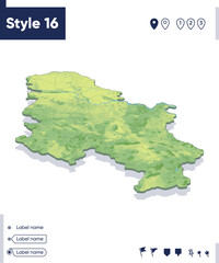 Serbia - map with shaded relief, land cover, rivers, mountains. Biome map with shadow.