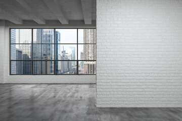 Downtown Chicago City Skyline Buildings Window background. Mockup empty copy space wall. Office room Interior Skyscrapers, River walk, bridge, waterfront view. Cityscape. Day. Ad concept. 3d rendering