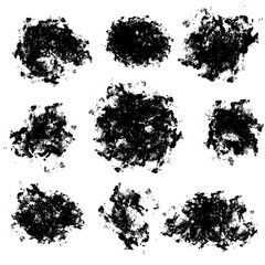 Set of 9 abstract messy hand-drawn grungy textured black stains isolated on white background. Collection of round dry brush stroke graphic design elements. Paintbrush imprints pack. Monochrome spots.