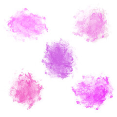 Set of 5 abstract hand-drawn blurred textured pink and purple stains isolated on white background. Collection of round dry brush stroke graphic design elements. Paintbrush imprints pack. Foggy clouds.