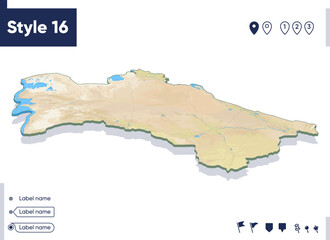 Turkmenistan - map with shaded relief, land cover, rivers, mountains. Biome map with shadow.