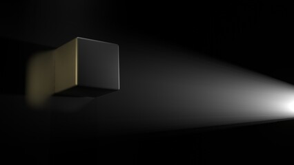 The black cube box in the dark room with some incident light