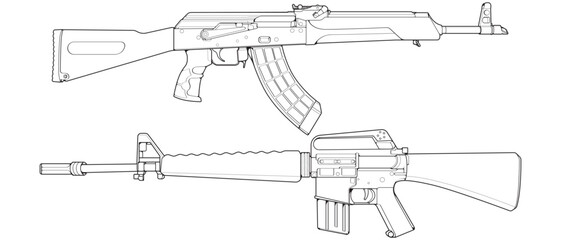 Set of firearms line art style, Shooting gun, Weapon illustration, Vector Line, Gun illustration, Modern Gun, Military concept, Pistol line art for training
