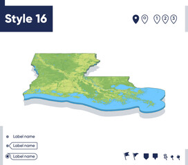 Louisiana, USA - map with shaded relief, land cover, rivers, mountains. Biome map with shadow.