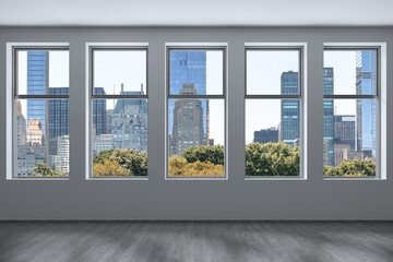Empty room Interior Skyscrapers View Cityscape. Central Park Midtown New York City Manhattan Skyline Buildings from Window. Beautiful Expensive Real Estate. Day time. 3d rendering. - obrazy, fototapety, plakaty