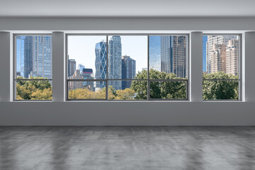Empty room Interior Skyscrapers View Cityscape. Central Park Midtown New York City Manhattan Skyline Buildings from Window. Beautiful Expensive Real Estate. Day time. 3d rendering.