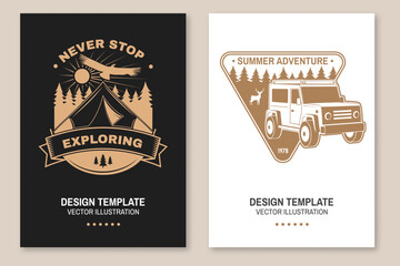 Set of camping inspirational quotes. Vector. Concept for flyer, brochure, banner, poster. Vintage typography design with camper tent, condor, off road car and forest silhouette.