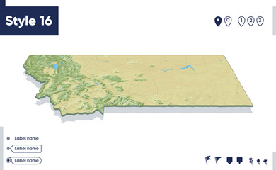 Montana, USA - map with shaded relief, land cover, rivers, mountains. Biome map with shadow.