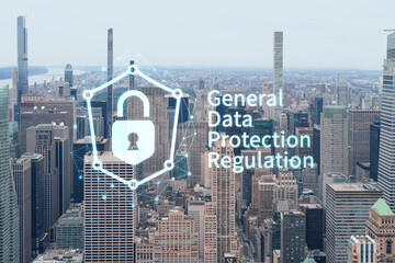 Aerial panoramic city view of Upper Manhattan and Central Park, New York city, USA. Iconic skyscrapers of NYC. GDPR hologram, concept of data protection regulation and privacy for all individuals