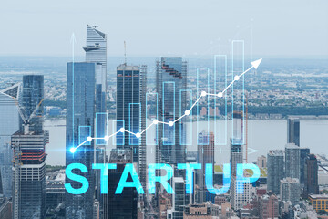 Fototapeta na wymiar Aerial panoramic city view of West Side Manhattan and Hudson Yards district at day time, NYC, USA. Startup company, launch project to seek and develop scalable business model, hologram