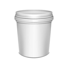 White blank plastic bucket with lid vector mock-up. Pail round container packaging realistic mockup. Template for design