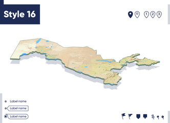 Obraz premium Uzbekistan - map with shaded relief, land cover, rivers, mountains. Biome map with shadow.