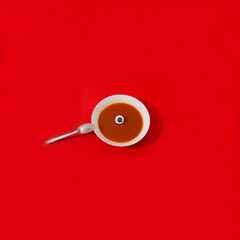 Tomato soup with plastic eye and silver spoon on scarlet red background. Happy halloween concept. with copy space.