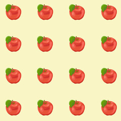 Seamless pattern. The apple is red, ripe, with a green leaf on a beige or yellow background. Vector graphics. Fruits and vegetables, vitamins, minerals. Proper nutrition. Harvesting and agriculture.