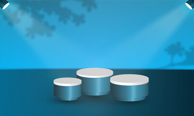 Spotlights projected at the podium On a blue background, it is used for designing and assembling advertisements for products such as cosmetics.