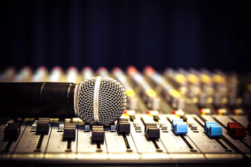 Close-up microphone and sound mixer in studio for sound record control system and audio equipment and music instrument