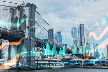 Brooklyn bridge met New York City Manhattan, financiële skyline van de binnenstad panorama overdag over East River. Forex grafiek hologram. Het concept van internethandel, makelaardij en fundamentele analyse