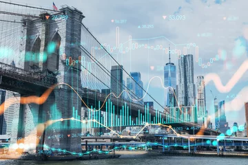 Fotobehang Brooklyn bridge met New York City Manhattan, financiële skyline van de binnenstad panorama overdag over East River. Forex grafiek hologram. Het concept van internethandel, makelaardij en fundamentele analyse © VideoFlow